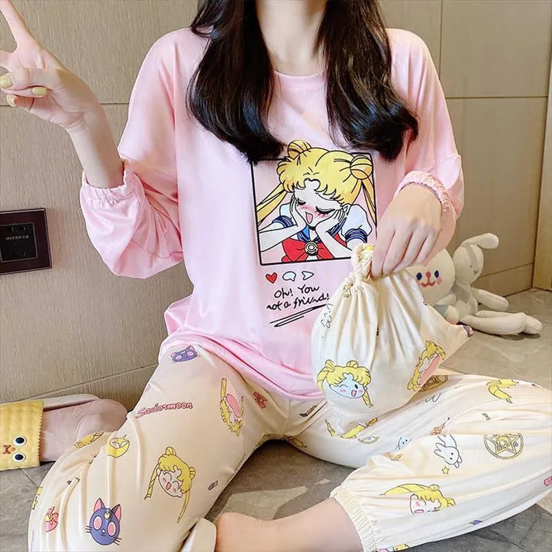 Conjunto de pijamas femininos de desenho animado kawaii, pijamas de verão,  estilo universitário, roupas de dormir, gola em o, manga curta, de desenho  animado, para meninas - AliExpress