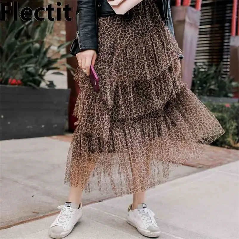 Flektit leopard tulle kjol kvinnor höst vinter asymmetrisk skiktad ruffle mesh midi vintage stil * 210621