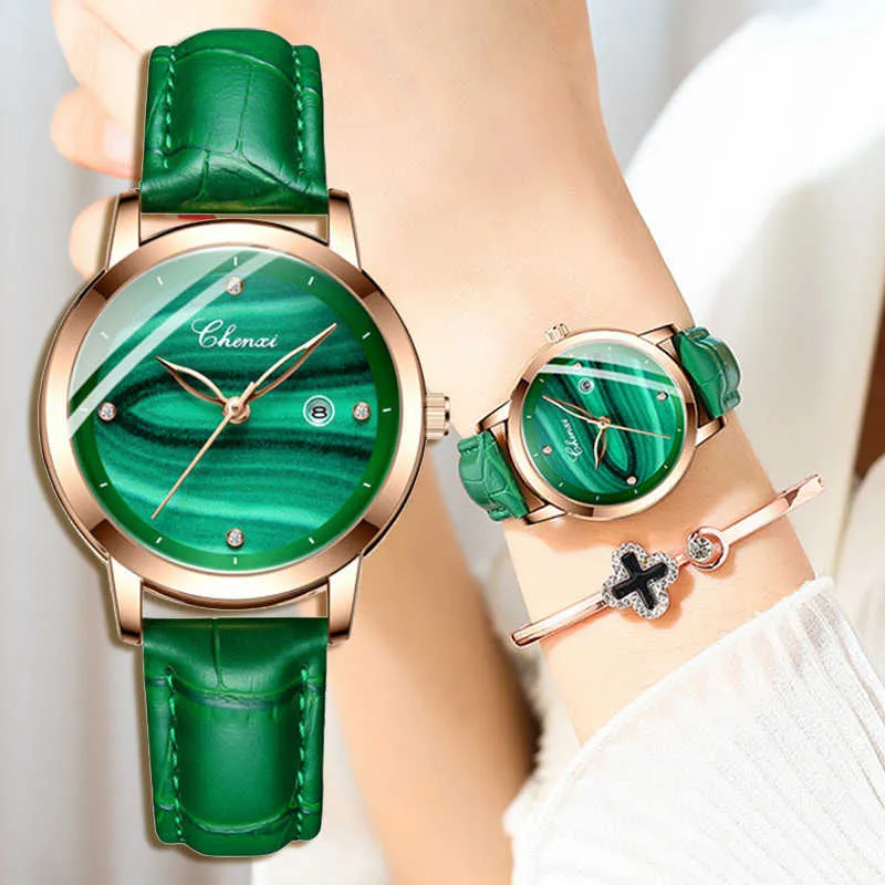 Rose Gold Green Women Watches Ins Ladies Watch Unique Snygg Malachite Antik Läder Mode Kvinna Armbandsur Gift 210616