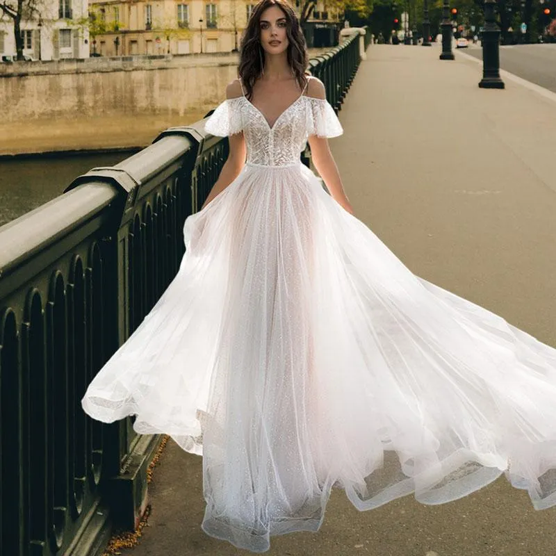 Casual Dresses Bohemian Spaghetti Strap Wedding Lace Dress Design Short Ruffles Off Shoulder Engagement Bridal A Line See-Through Gown
