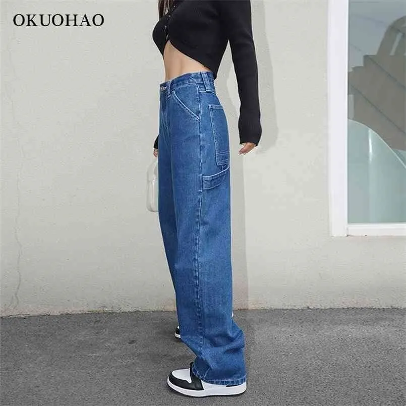 Alto cintura de jeans de perna larga cintura alta cintura azul calças jeans feminino estética baggy mãe jean moda plus size calças streetwear 210809