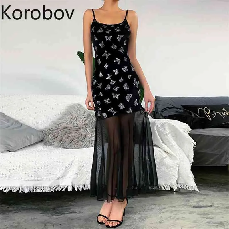 Korobov Harajuku Butterfly Pattern Velvet Sexy Dress Streetwear Mesh Patchwork Spaghetti Strap Dresses Slash Neck Robe Femme 210430