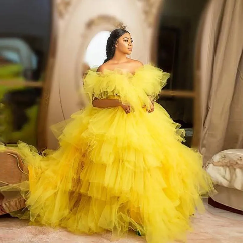 Yellow Ball Gown Formal Evening Dresses Puffy vestidos Tulle Off Shoulder Party Dress Plus Size Tiered Ruffles Chic Prom Gowns