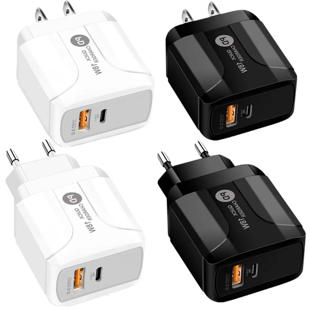 Universal 18W Fast PD Type C Wall Charger QC3.0 Power Adapter EU US Plug för iPhone 7 8 11 12 Samsung LG