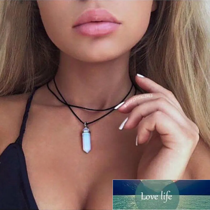 Natural Reiki Chakra Halsband Kristall Hexagonal Pekad Chakra Stones Hängsmycke Kvinnor Svart PU Läder Choker Recensioner Necklace Fabrikspris Expert Design