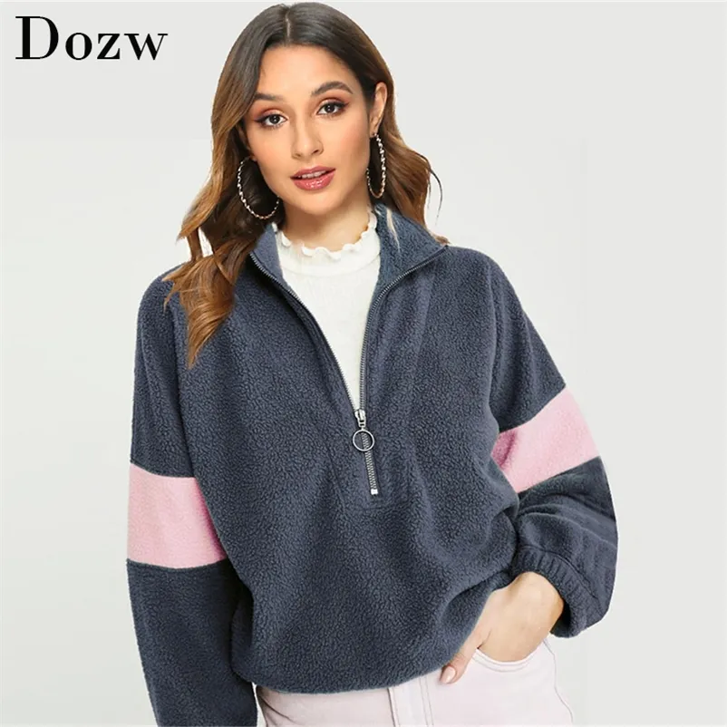 Moda Patchwork Fleece Sweatshirts Outono Inverno Quente Hoodies para Mulheres Casual Manga Longa Zíper Teddy Hoodie Top 210515