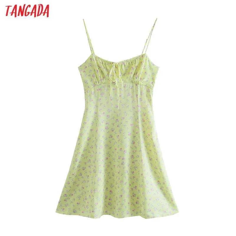 Tangada Women Green Flowers Print Short Sundress Strap Adjust Sleeveless Korean Fashion Lady Dresses Vestido 3H318 210609