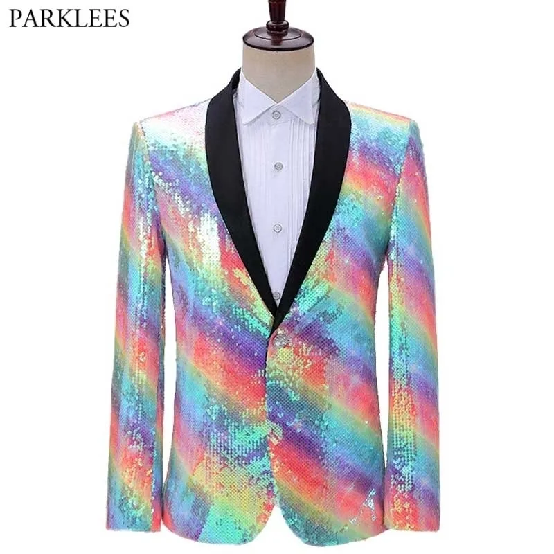 Regnbåge sequin glitter embellished blazer jacka män en knapp sjal krage party kostym jacka manlig nattklubb prom scen kostym 210522