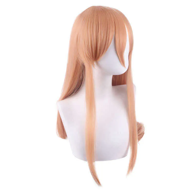 Anime Chainsaw Man Makima Cosplay Wig Long Orange Devil's Horn Hairpins Heat-resistant Fiber Hair Free Cap Party Props Y0913