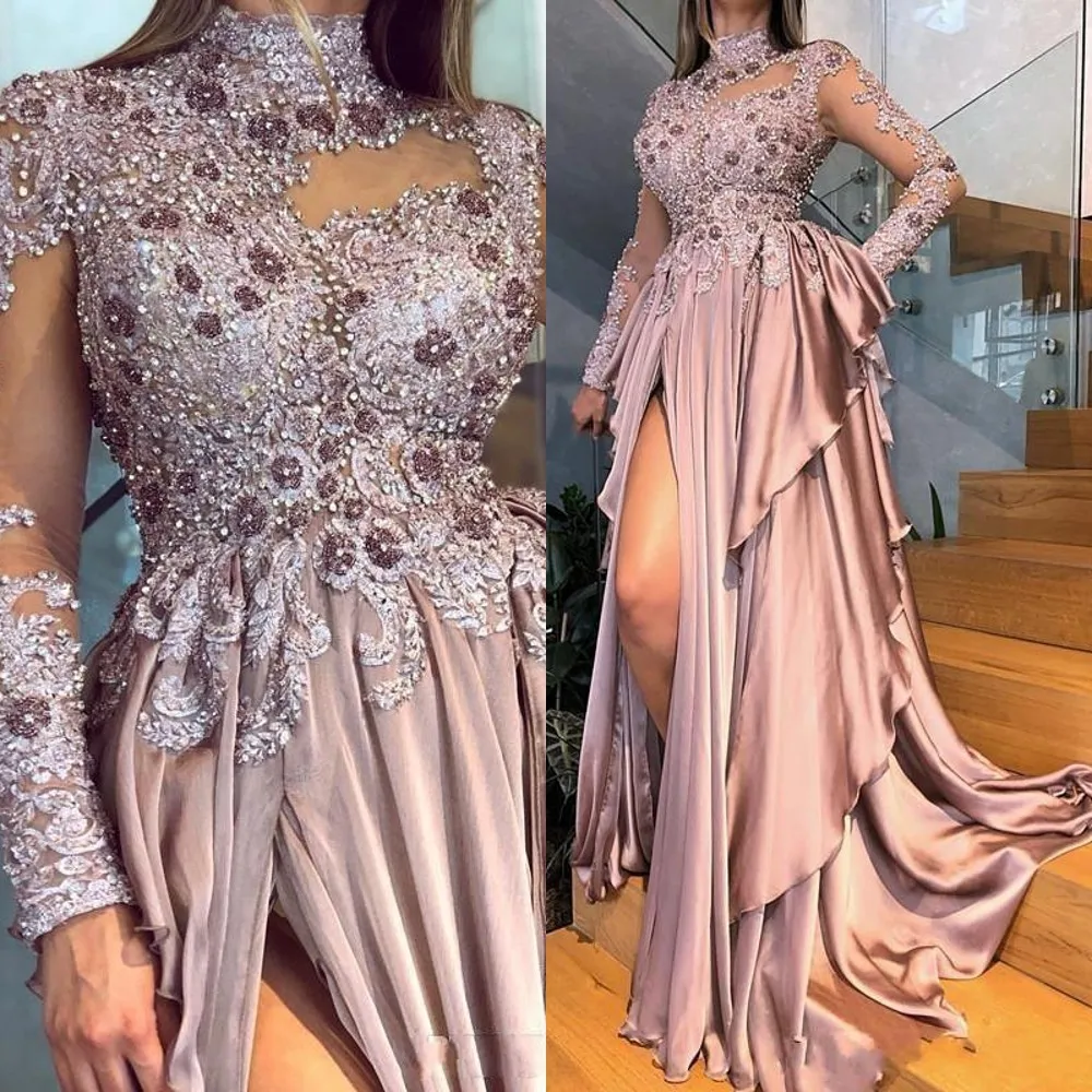 2021 Arabiska Aso Ebi Aftonklänningar Wear Beaded Appliques High Neck Långärmade Sexiga Dammiga Rosa Split Ruffles Formell Prom Lugnar Party Dress