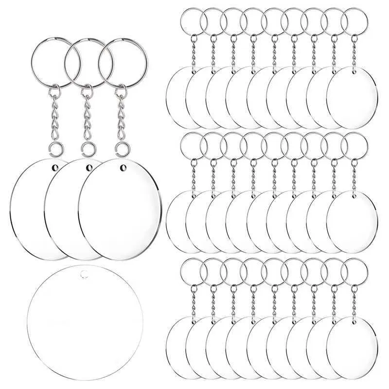 Acrylic Keychain Blanks, 60 st 2 tums Diameter Runda akryl Klar skivor Cirklar med metallplit Nyckelring Ringar H0915