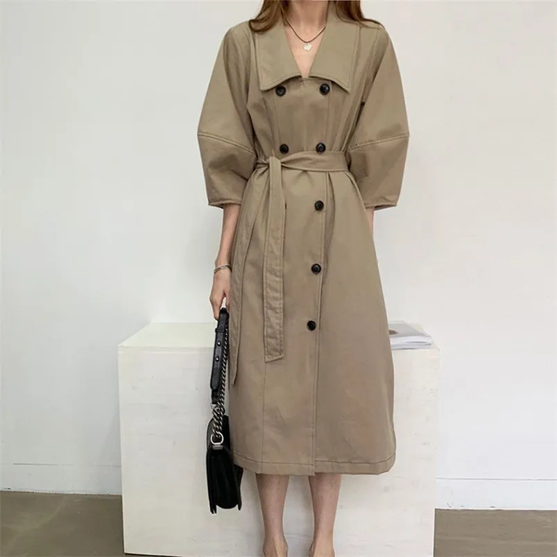 Spring Autumn Women's Jacket French Retro Pure Color Lapel Puff Sleeve Trench Coat Double Breasted Slim Thin Coats GX810 210507
