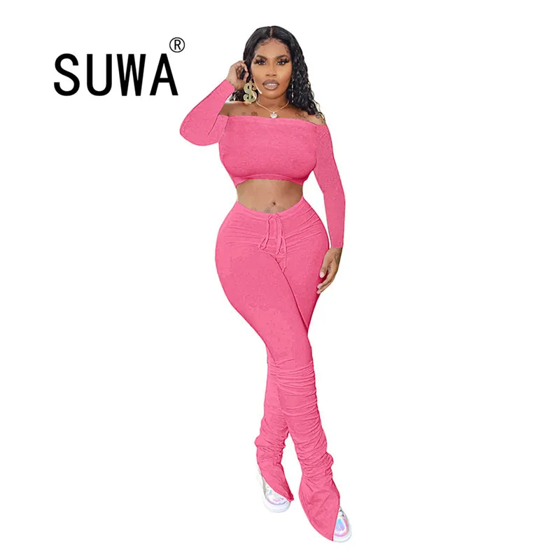 Active Wear Women Pink Clothing Set Off Shoulder Crop Tops Stacked Flare Pants Suit Tracksuit Sexy Two Piece Fitness Outfit 210525