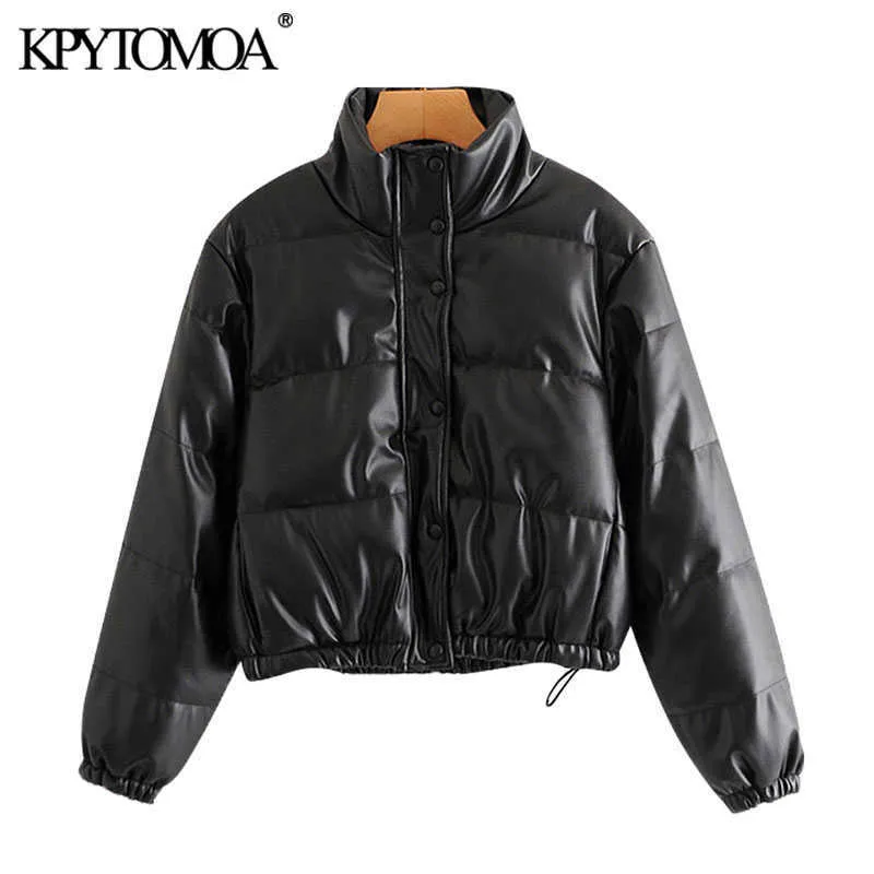 KPytomoa Women Fashion Faux Leather Padded Jacket tjock varm parka päls Vintage Långärmad kvinnlig ytterkläder Chic Topps 210909
