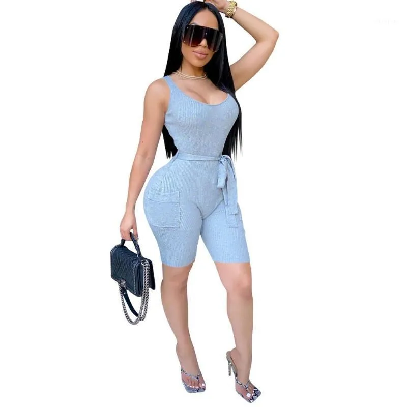 Fitness Dzianina Rib Bandaż Playsuit Kombinezon Kobiety Sexy O Neck Backless Kieszenie Biker Szorty Czarne Szare Pajaciki Kobiet Kombinezony damskie