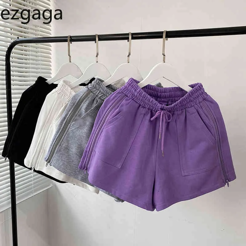 Ezgagaショーツ女性ハイウエストルース弾性ジョガー韓国のファッションワイドレッグソリッドポケットソフトホームレディーススウェットカジュアル210430