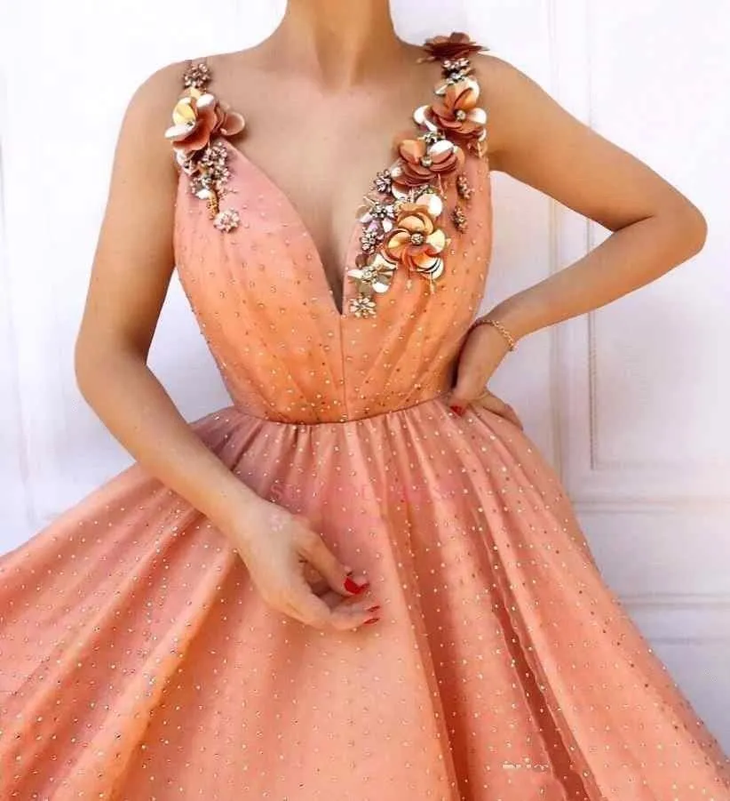 Peach Sexy Evening Dress: V-Neck Sleeveless Lace Crystal Beaded 3D Floral  Flowers Open Back Plus Size Formal Party Prom Gown Quinceanera Dress from  Dhgate Evening Dresses - price 135.58