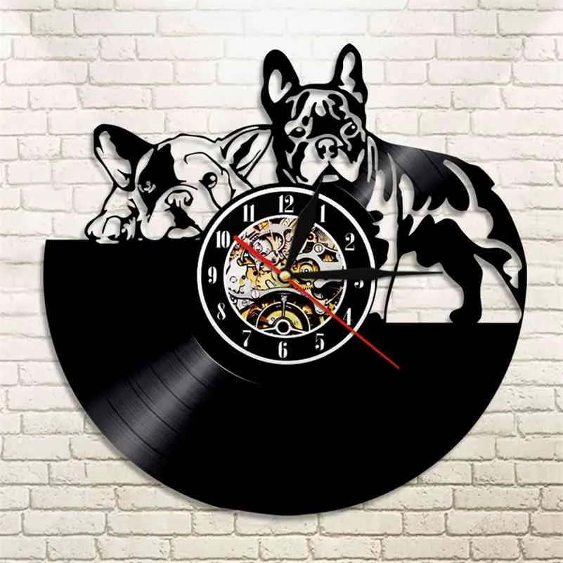 Lindo Bulldog Francês Vinil Vinil Tempo Relógio Desenho Moderno Cão Pet Cachorro Cachorro Animal Wall Wall Decoração Decoração Home Com Luz 210325