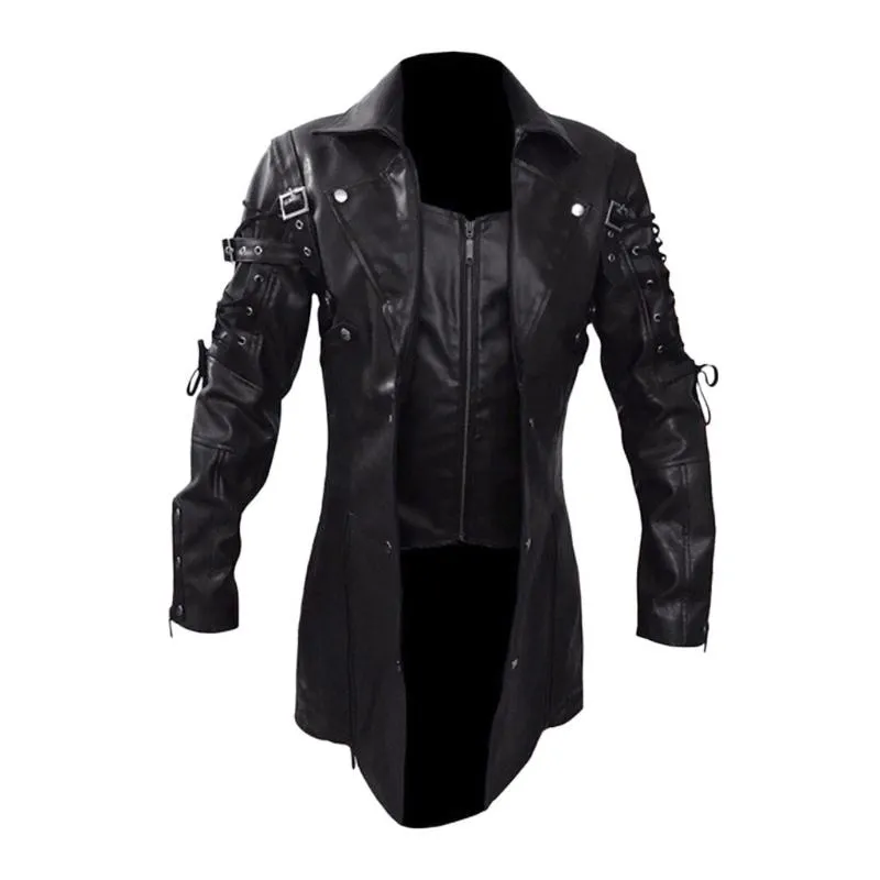 Мужские куртки мужчины кожаная куртка зима водонепроницаемый длинный из искусственного мехового шума мотоцикл одежда готическая черная молния