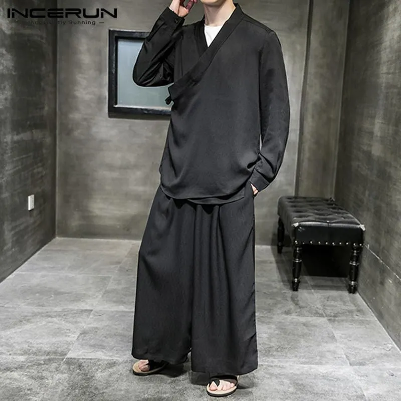 Compra Chándal De Los Hombres Incerun Estilo Chino Hombres Conjuntos  Sólidos De Manga Larga Con Cuello En V Camisa Traje Tang Ancho Pantalones  De Pierna Ancha Calle Streetwear Vintage Trajes Para Hombre