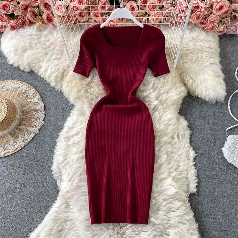 Summer Dress Solid Color Women's Knitted Bodycon Elegant Square Collar Short-sleeved Elastic Knee Length Casual 210603