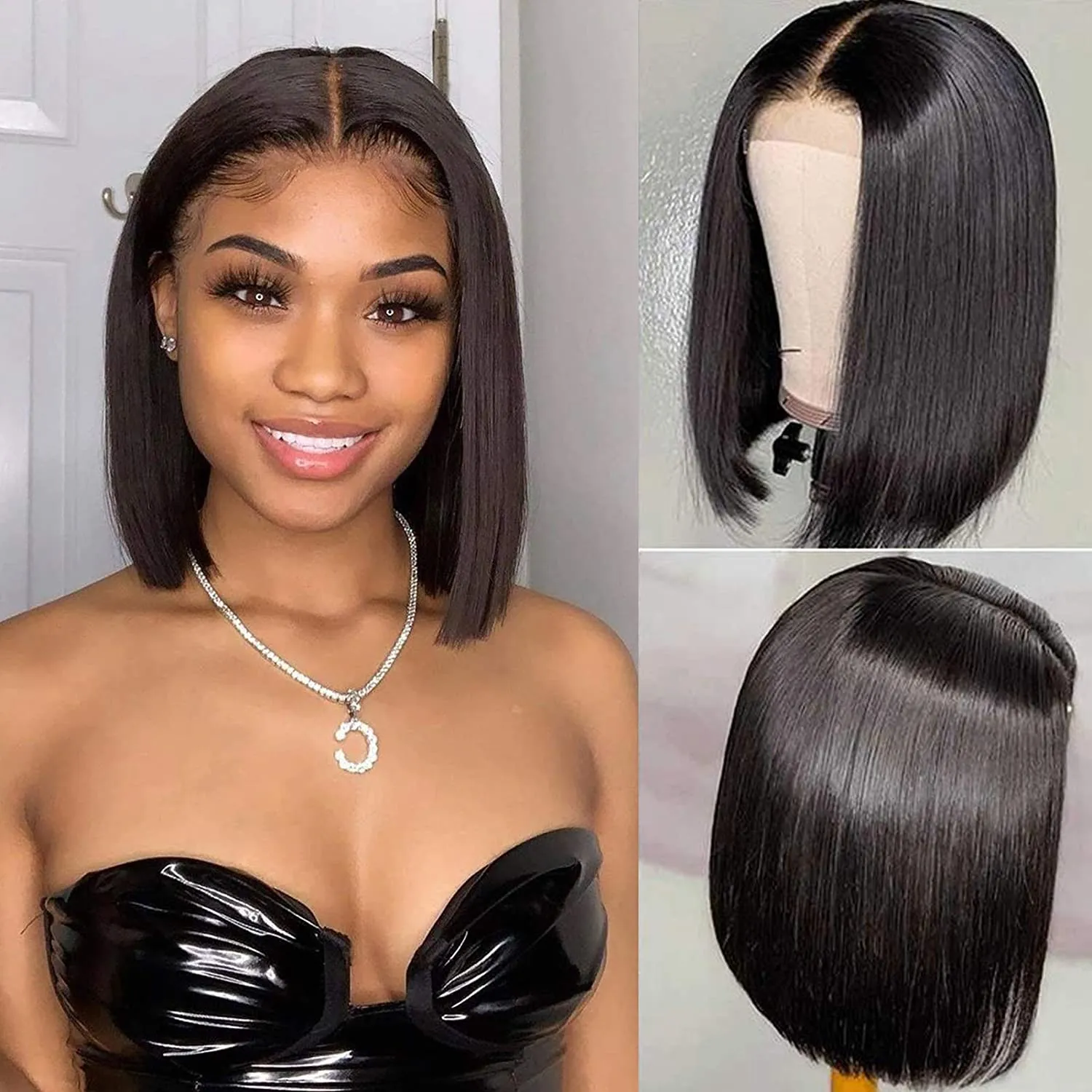 Perruques courtes Bob Cut pour femmes noires sans colle vierge cheveux humains dentelle avant perruque 180% densité couleur naturelle