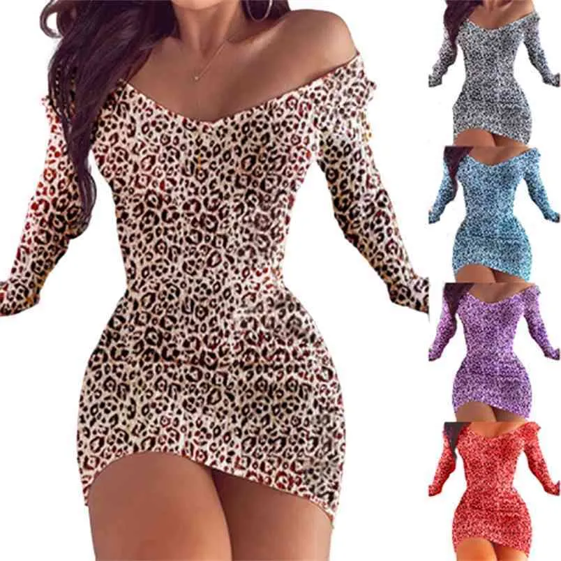 Lady Sexy V Neck Long Sleeve Mini Dress Retro Leopard Print Slim Women Autumn Wrap Hip Bodycon Party Club es Vestidos 210522