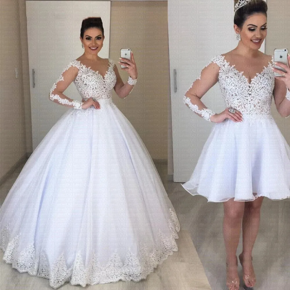 Falda desmontable Una línea Vestido de novia Vestido Noiva con manga larga 2 en 1 Vestidos de novia 2022 Perlas Bola Vestidos de novia Robe De Mariee Plus Tamaño por encargo