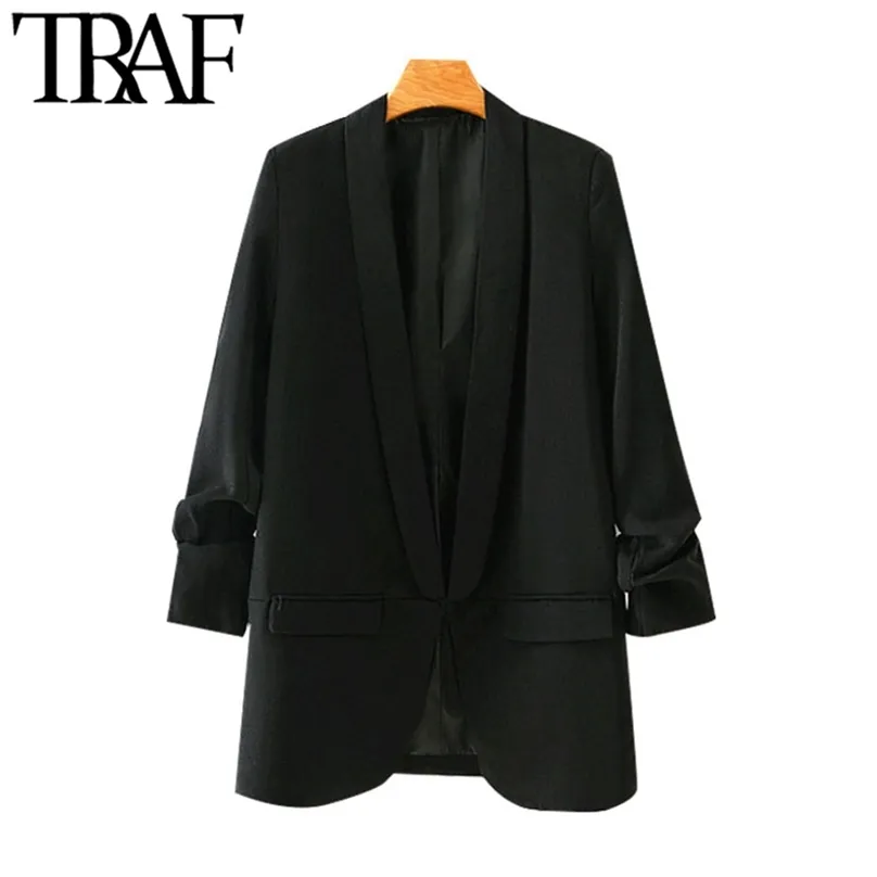 TRAF Kadınlar Moda Ofis Giymek Temel Siyah Blazer Coat Vintage Pileli Kollu Cepler Kadın Giyim Şık 211006 Tops