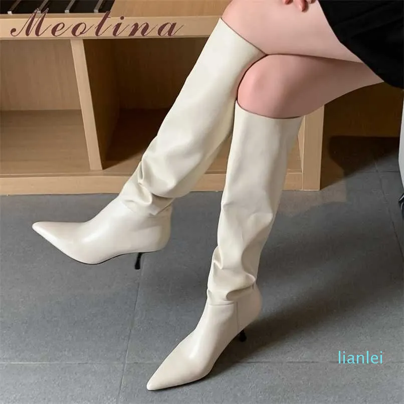 Meotina Plissada Real Couro de Couro Alto Bota de Bota Sapatos Apontados Toe Stiletto Saltos Joelho-Alto Outono Inverno Bege 43 211022