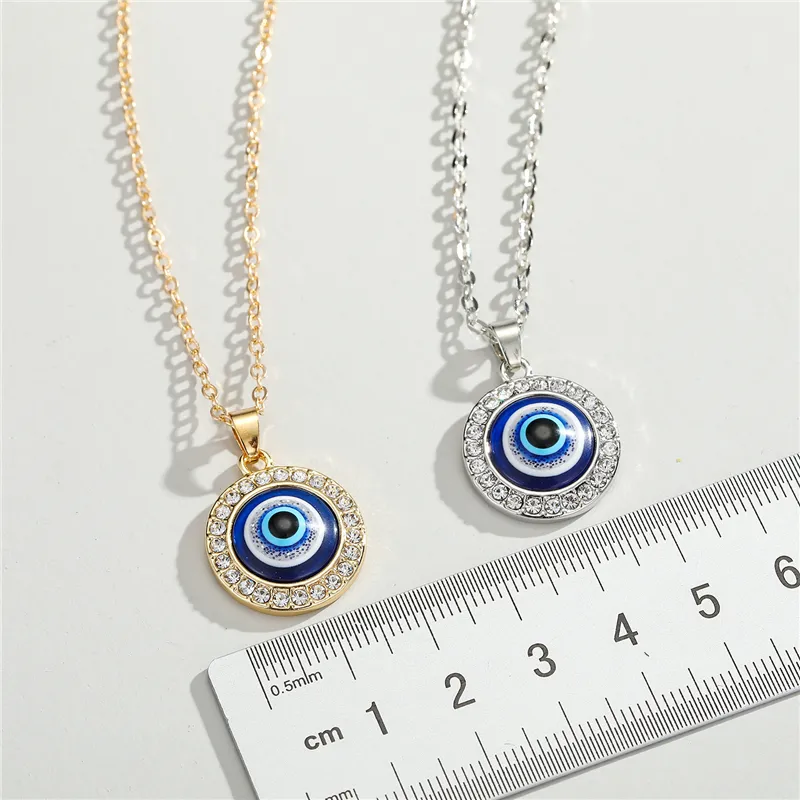 Naszyjniki Blue Evil Eye Luksusowy Kryształ Rhinestone Okrągły Wisiorek Naszyjnik Obojczyk Srebrny Złoty Choker Biżuteria Moda Urok Lucky Turkey Devil Eyes Świąteczne prezenty