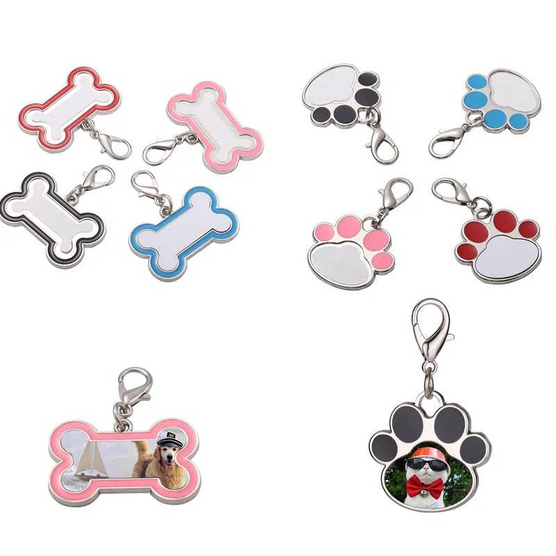 Plaques de sublimation en métal pour chien Cartes d'identité personnalisées blanches en forme de patte de chat en os de zinc Pendentifs décoratifs avec boucle Ornements d'identification créatifs