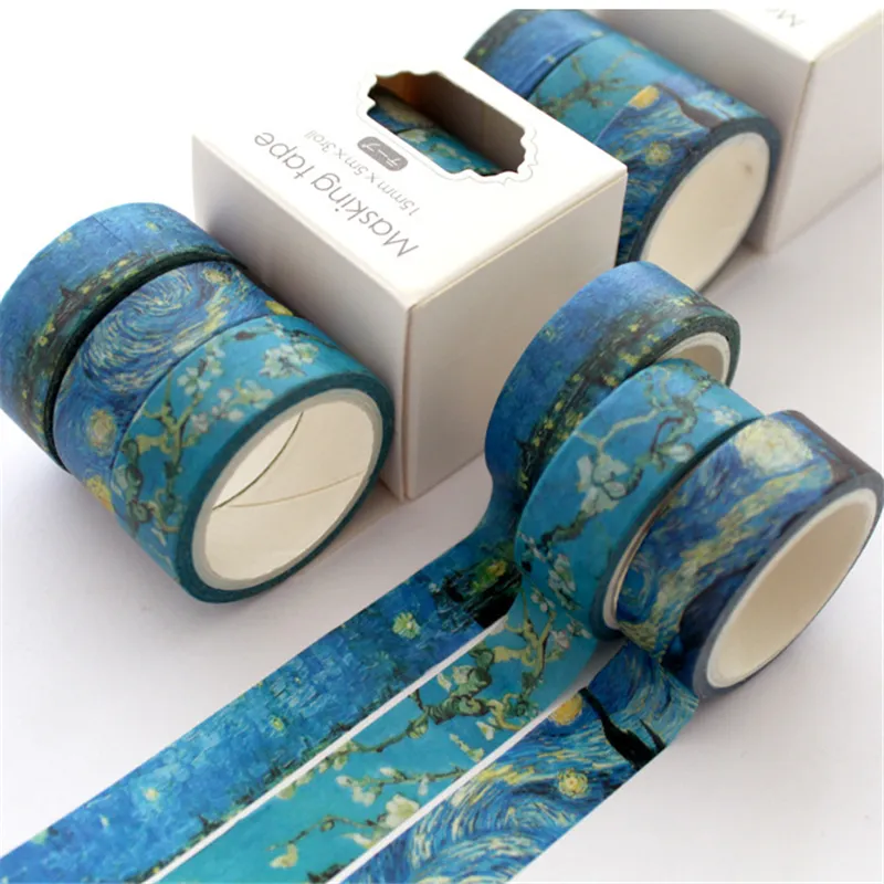 3pcs / set van Gogh Washi Tape Starry Sky Ocean Wave Adhesive DIY Scrapbooking Planner Sticker Masking Etikett 5M KDJK2105 2016