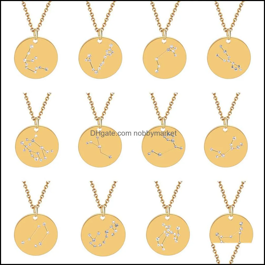 Pendant Necklaces & Pendants Jewelry 12 Zodiac Sign Stainless Steel Coin Crystal Diamond Constellation Charm Gold Sier Chain For Women Fashi