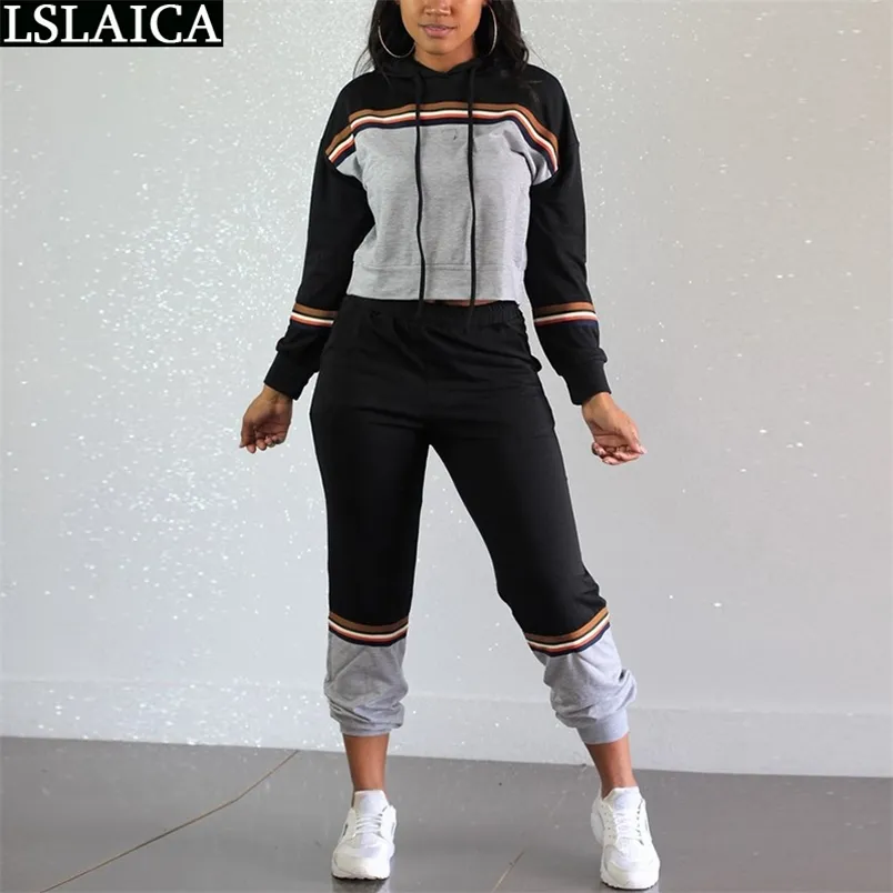 Jogging Garnitury Dla Kobiet Kolorblock Casual Bluza Bluzy Bluzy Spodnie Plus Size Stroje Streetwear Moda Dzianina Dwuczęściowy zestaw 210515