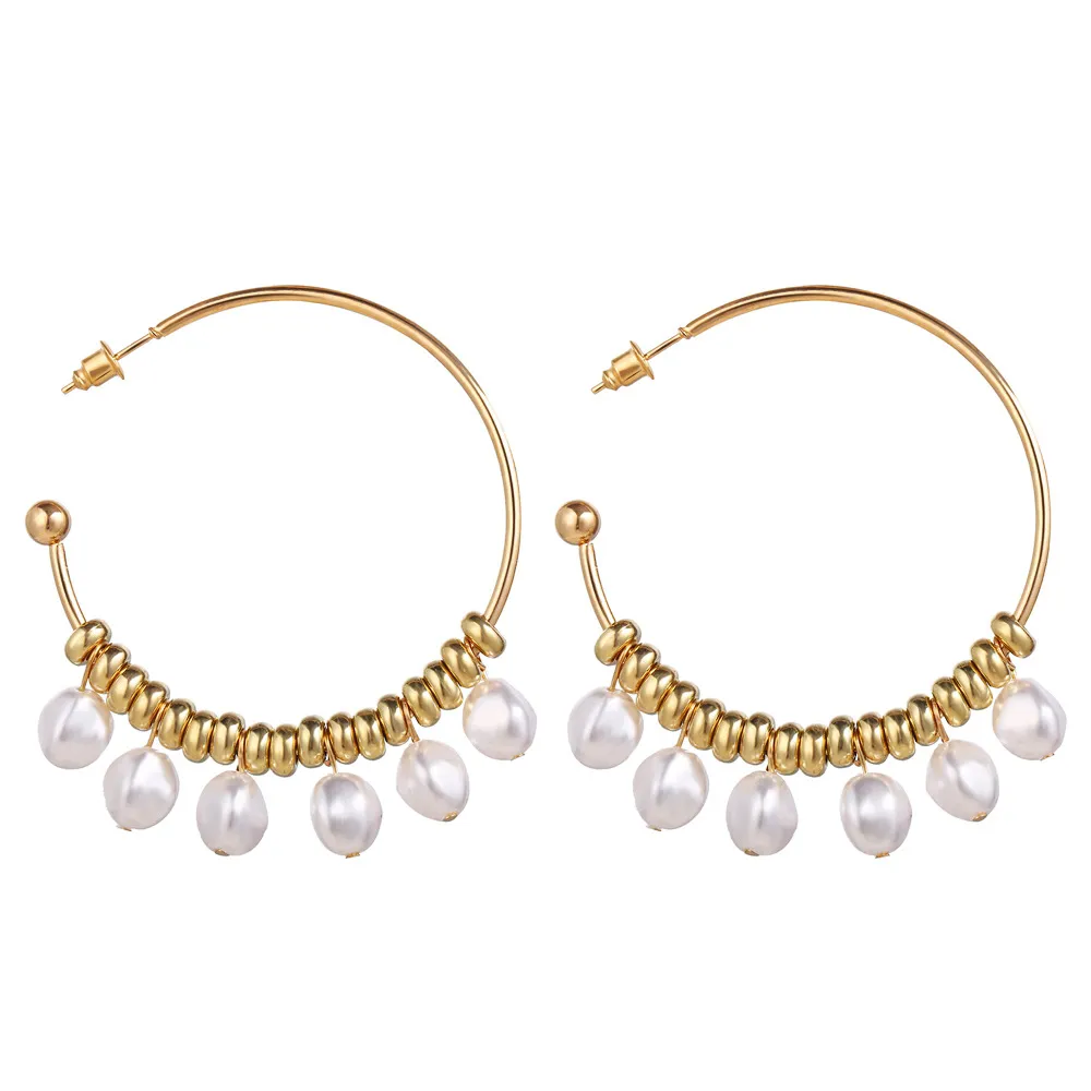 Orecchini a cerchio con pendente a sei perle Gioielli da donna con anello per orecchio a goccia di moda retrò, grande cerchio