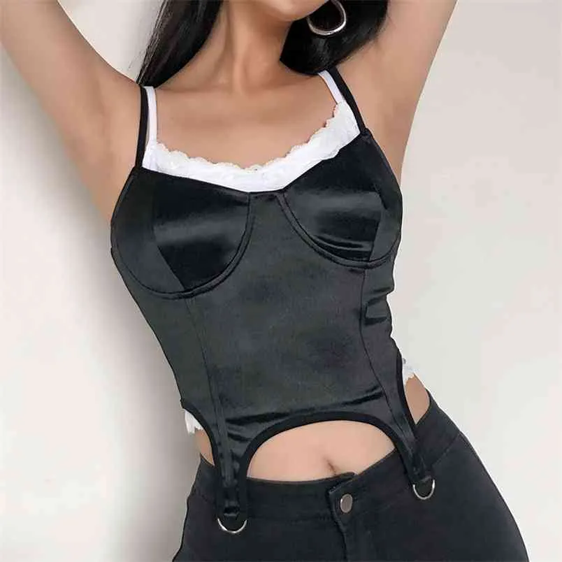 Zwart Wit Patched Kant Spaghetti Strap Gothic Crop Top Dames Zomer Backless Vrouwelijke Streetwear Mouwloze Camis Bustier 210510