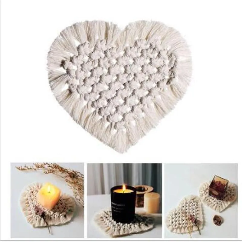 Almofadas almofadas de algodão trança feita artesanal macrame copo almofada boêmia estilo antiderrapante esteira de isolamento de calor mesa forma de coração