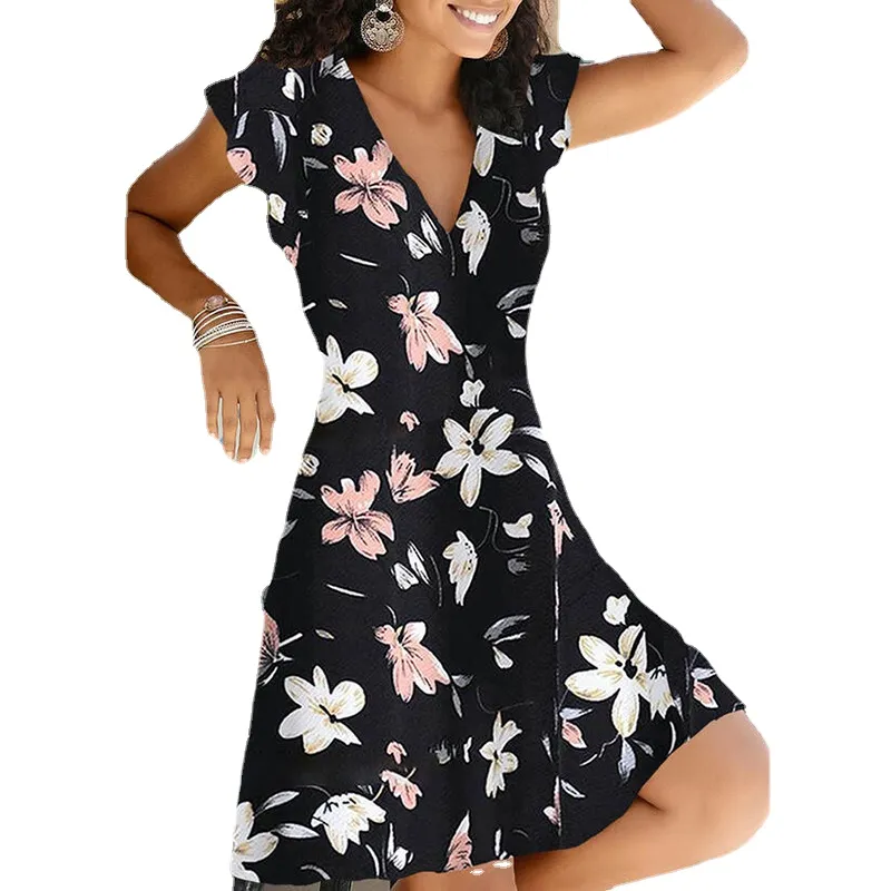 Spring Summer 2021 New Casual Floral Print V Neck Pullover A-line Party Dress Fashion Short Sleeves Elegant Office Lady Party Vestidos