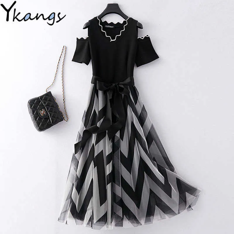 Mulheres Plus Size Malha Preto Vestido Longo Elegante Off Ombro Vestido de Verão Striped Waves Sexy Escritório Casual Senhoras Wear Party Club 210619