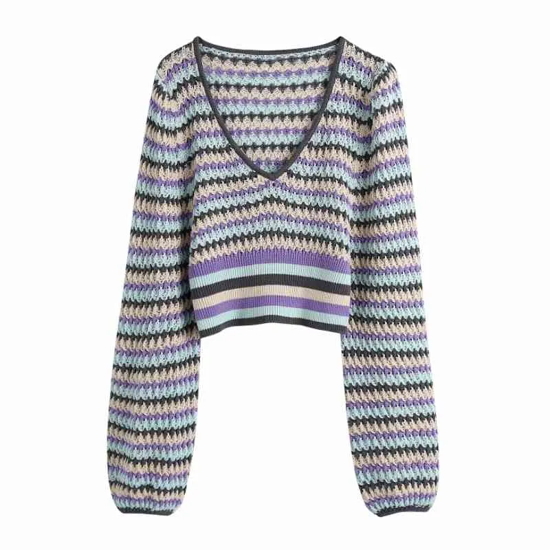 Estate Donna Colore Hollow Crochet Maglia Maglione corto Donna Scollo a V Manica lanterna Pullover Casual Lady Slim Top SW1210 210430