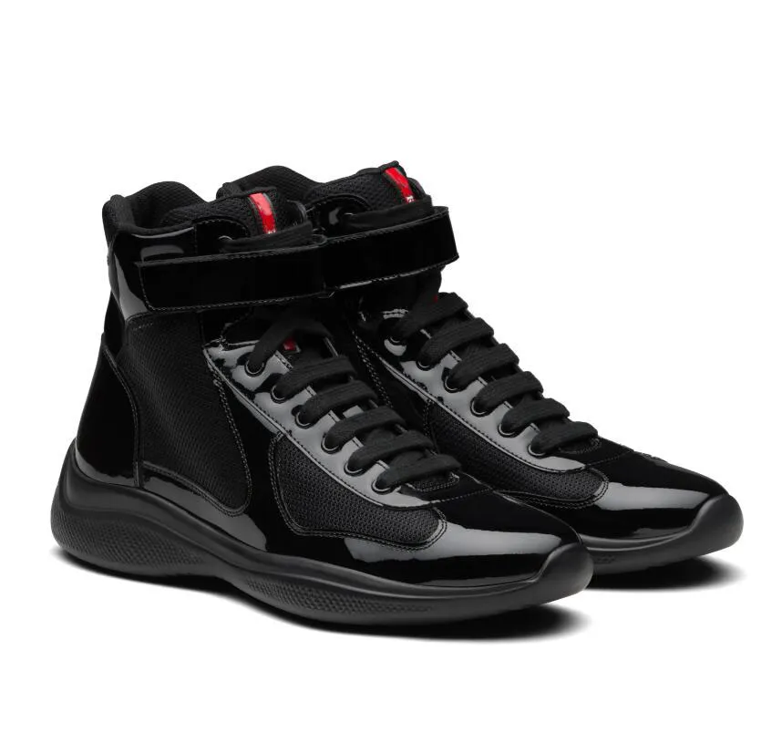 Célèbre design Americas Cup High-topCasual Chaussures Légère Semelle En Caoutchouc Entraîneur Étiquette Rouge Langue Tissu De Sport En Cuir Verni Baskets Marche EU38-46