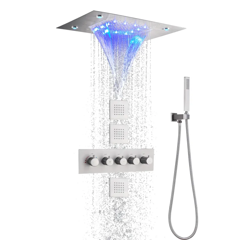 ブラシ付きニッケルシャワーミキサーセット50x36 cm ledサーモスタットバスルーム埋め込み天井滝のシャワー降雨