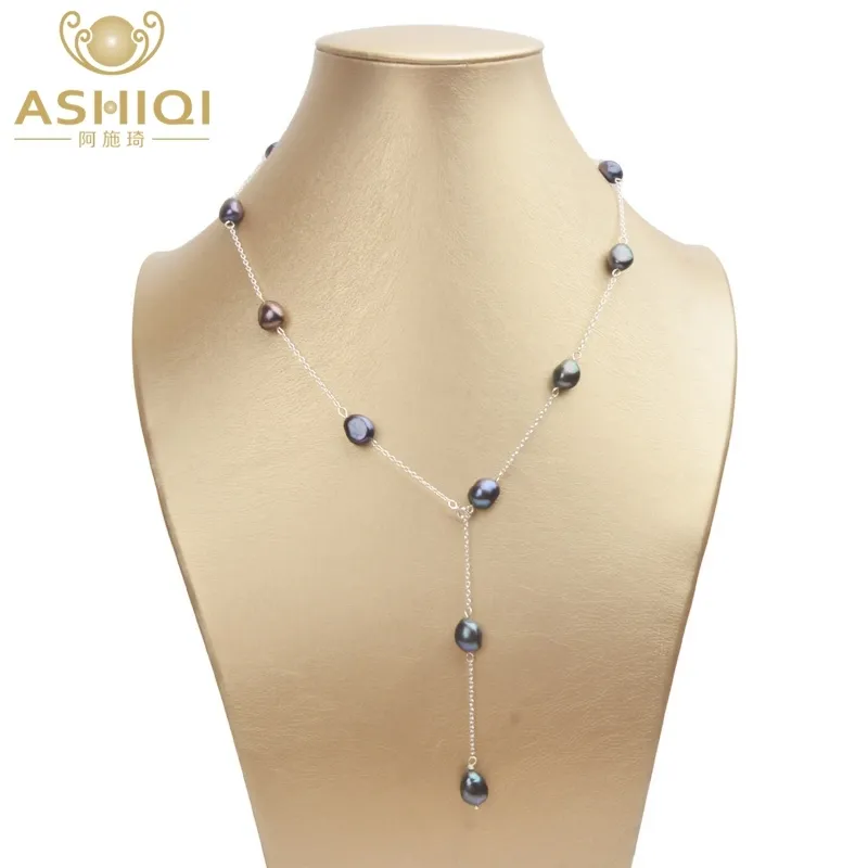 ASHIQI Real 925 Sterling Silver freshwater Pearl Necklace 8-9mm Natural Baroque pearl For Women Vintage Handmade Jewelry Gift