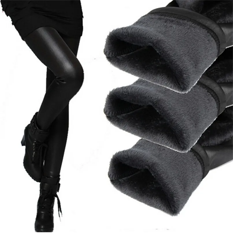 YSDNCHI Winter Lederen Leggings Dames Broek Elastische Hoge Taille Warme Leggin Dikke fluwelen Zwart Push-up 211204