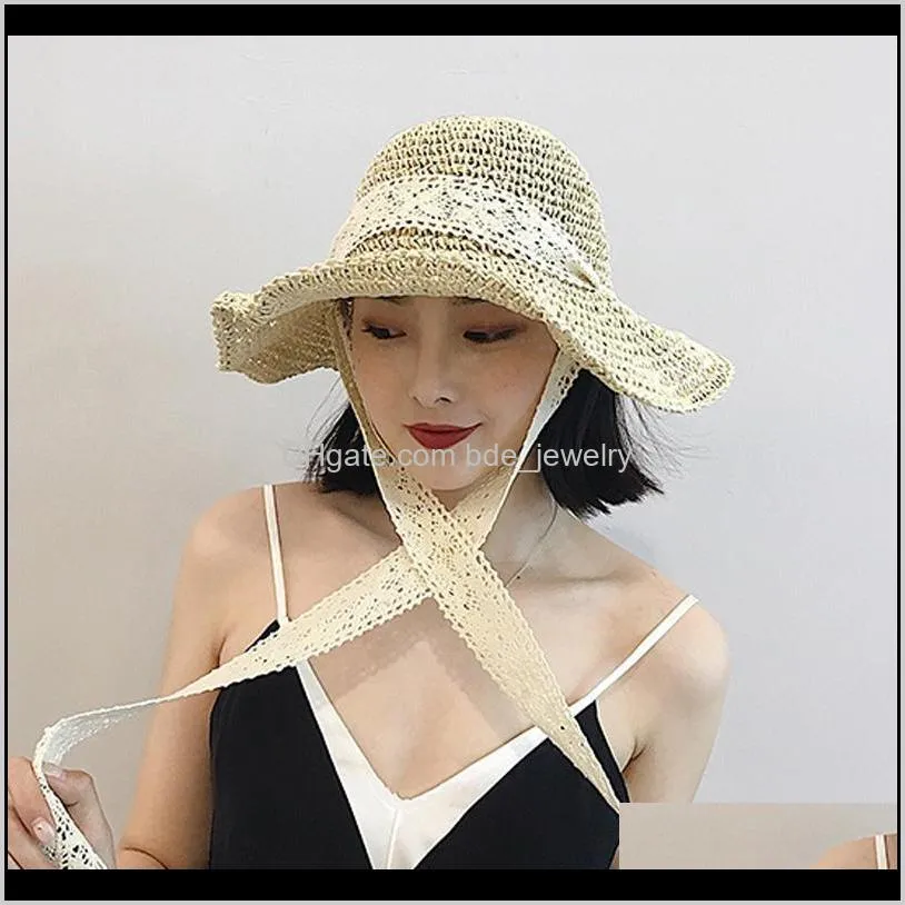 women summer straw woven hats female foldable sunscreen fisherman hat tether handmade crochet beach vacation sunshade wide brim