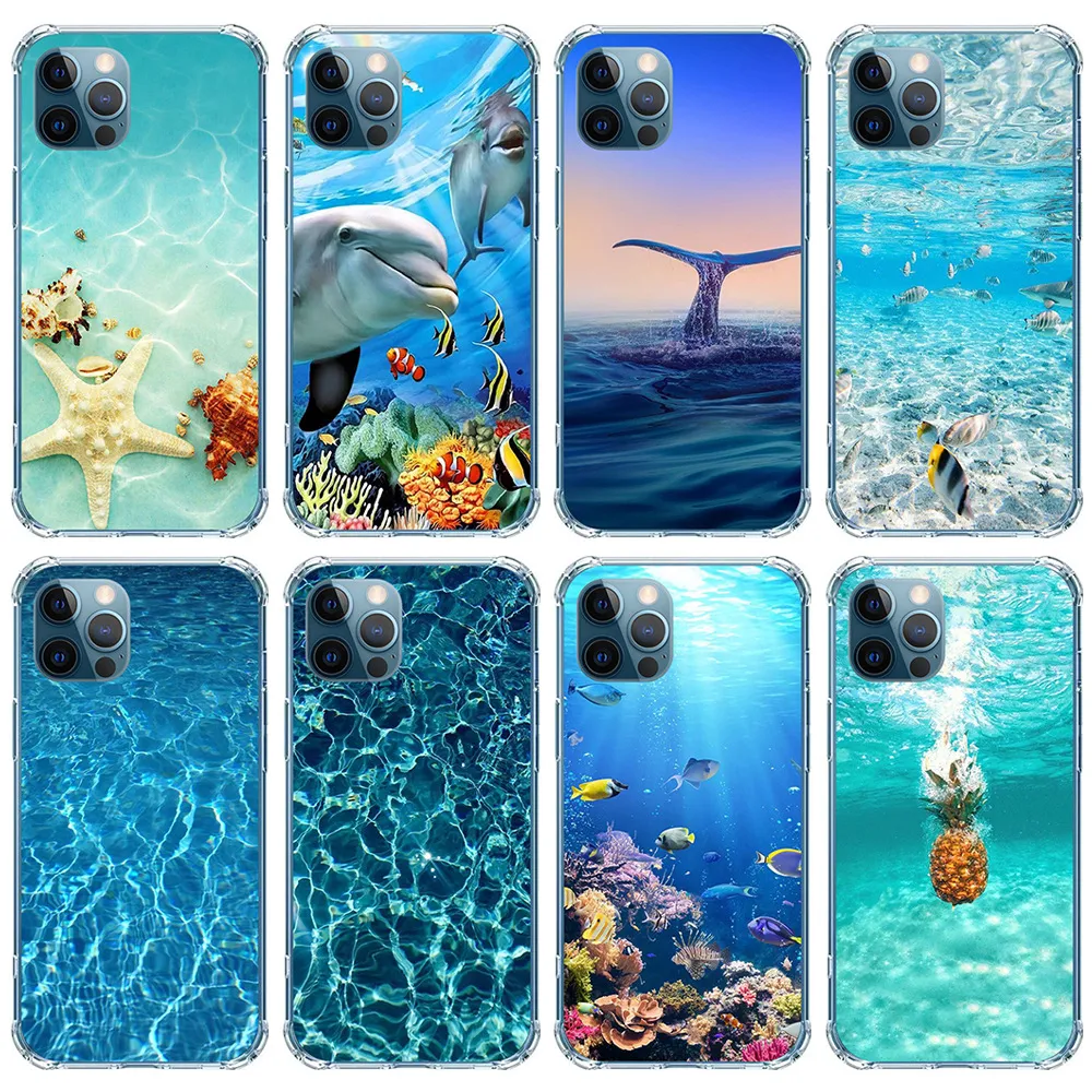 Ocean Scenery TPU Soft Shell New Animal Sea Fish Phone Fodral för iPhone 11 12 13 Pro Max X XR XS 8 7 Plus Högkvalitativ stötskyddad täckning