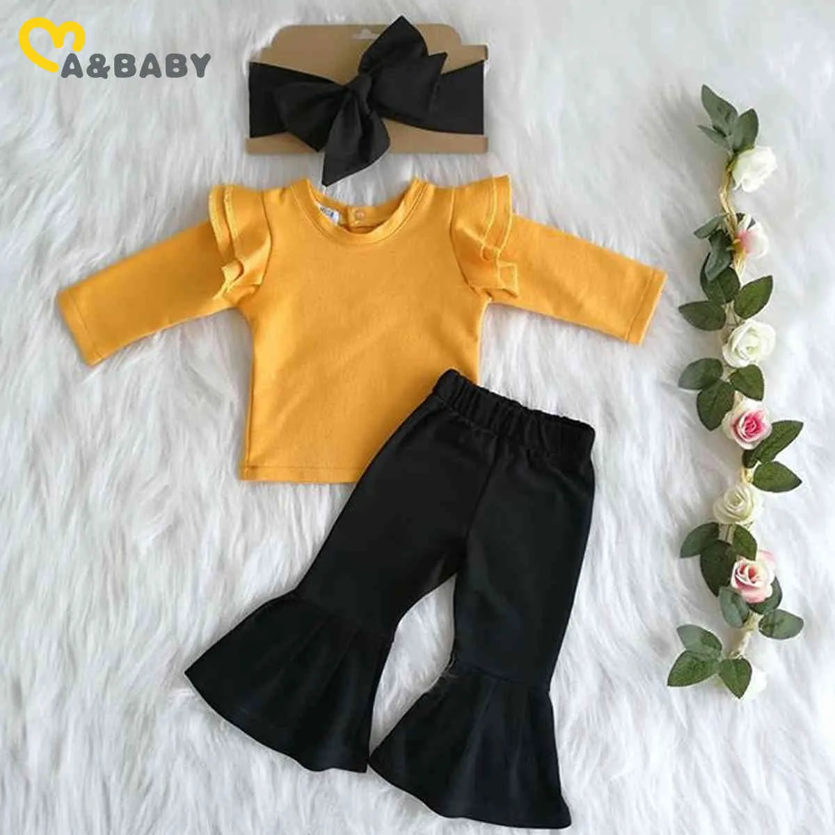 0-24m Wiosna Jesień Born Niemowlę Dziewczynka Ubrania Zestaw Solid Color Ruffles T Shirt Flare Spodnie Outfits Costumes 210515