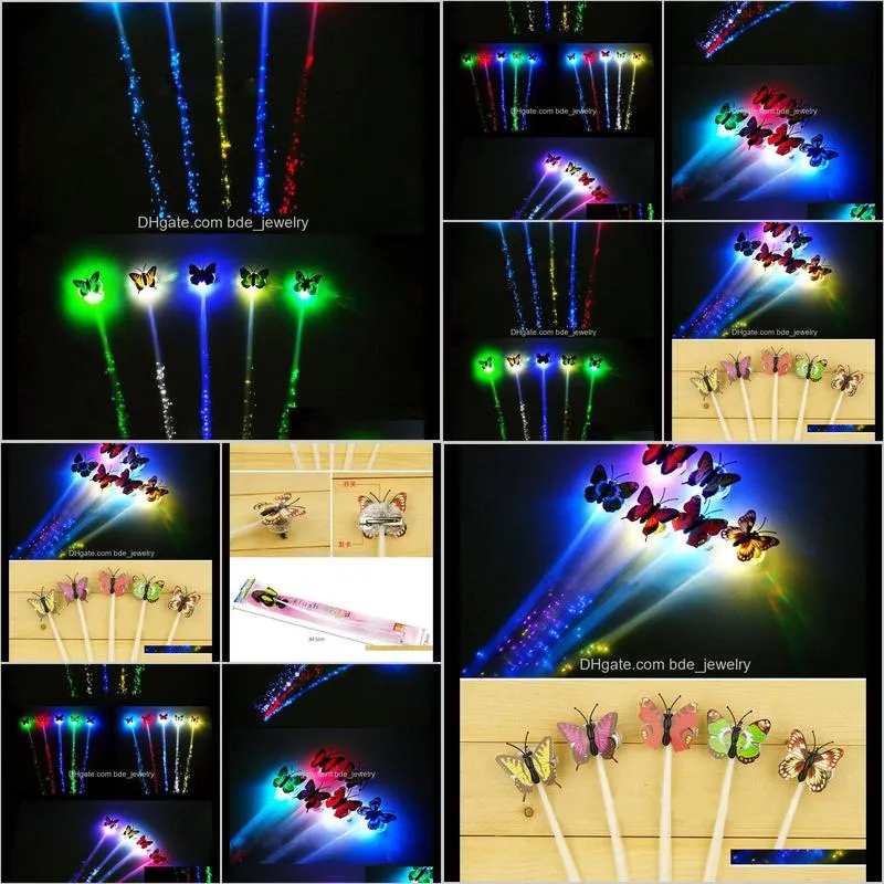 flash braid hair clip with butterfly colorful luminous braid fiber optic silk hair clip wholesale flash hairpin bar cheering dff0576