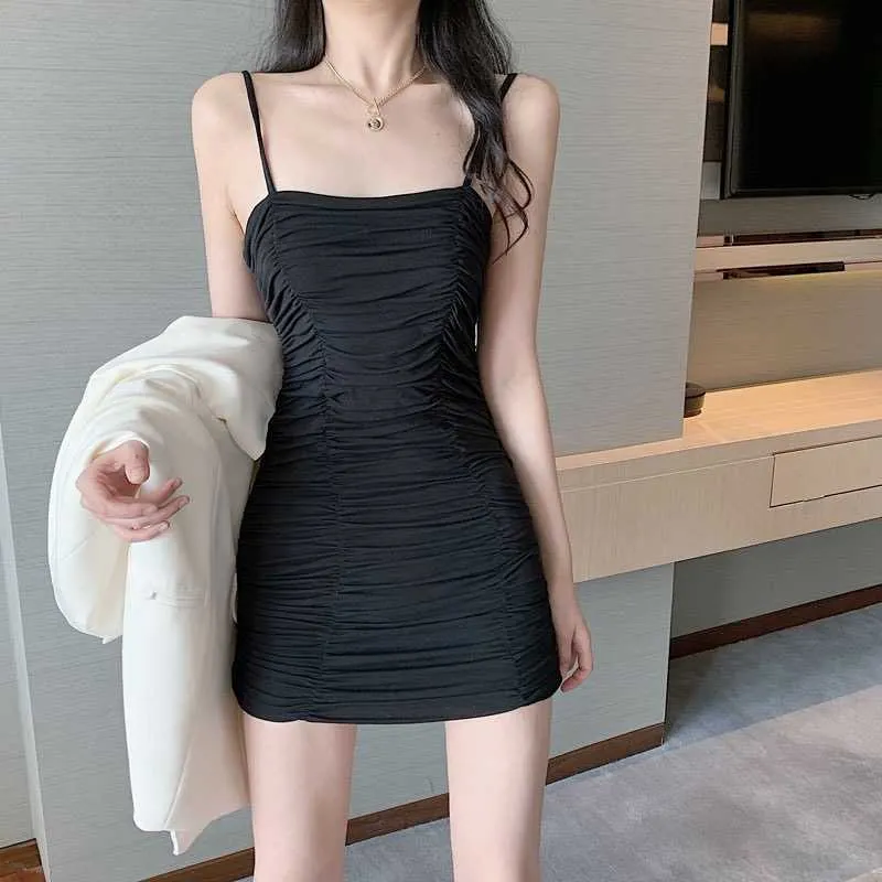 Korean Summer Sleeveless Black Slip Dress Elastic Tight Fitting